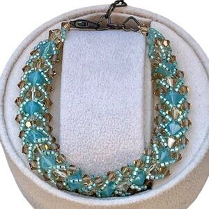 Aquamarine Blue and Golden Beige Flat Spiral Stitch Seed Bead Bracelet 8.5